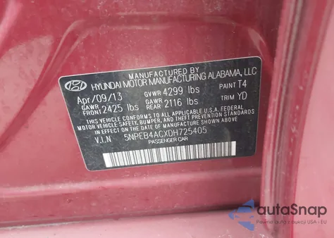 2013 Hyundai Sonata Gls z USA, uszkodzony, nr VIN 5NPEB4ACXDH725405